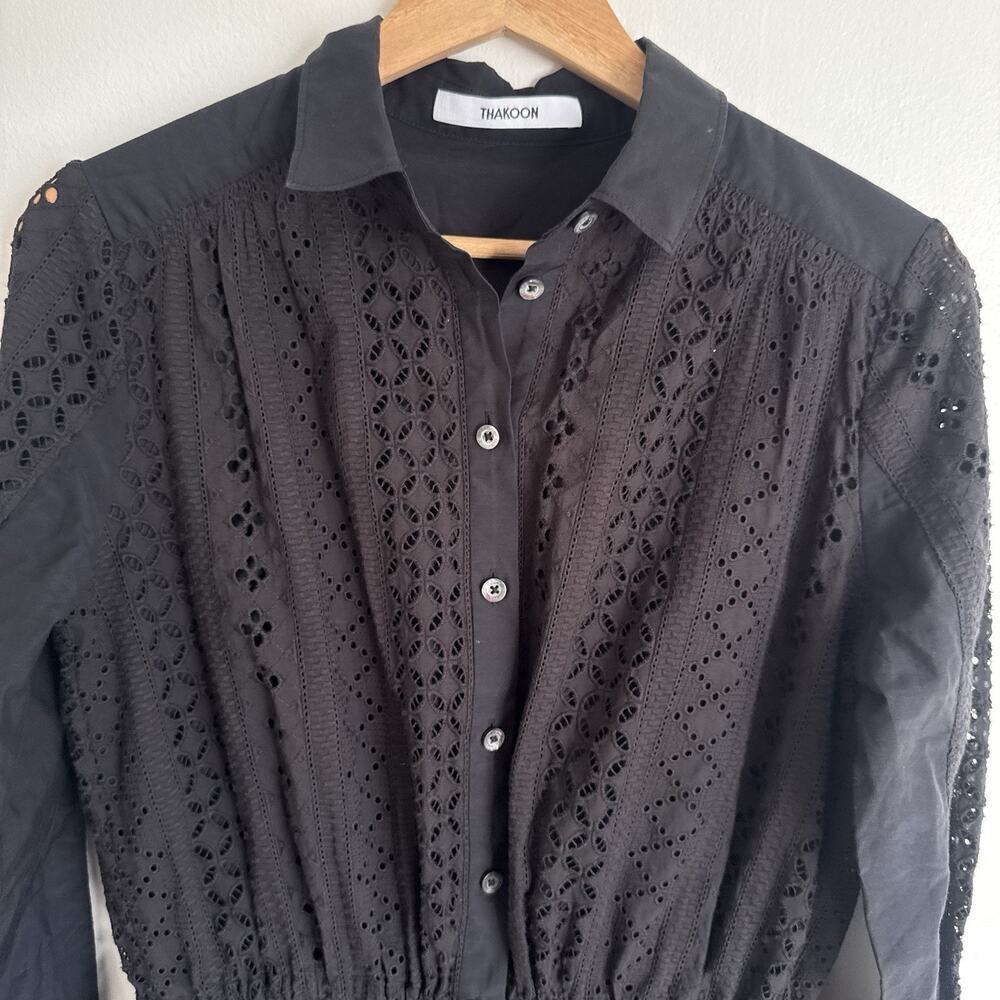 THAKOON Black Eyelet Lace Ruffle Hem Button Down Silk Cotton Mini Shirt Dress 0 - Picture 3 of 15